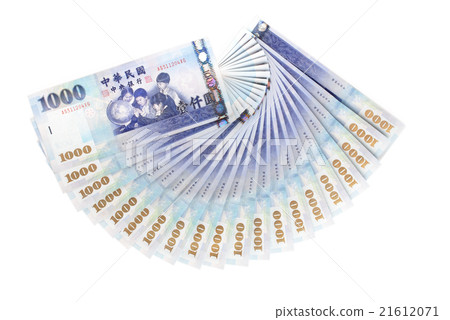 A lot of 1000  New Taiwan Dollars bill on white ba 21612071