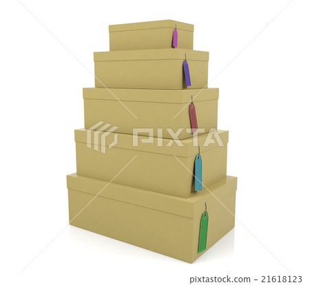 Pile of paper boxes with colorful price tags in di Pile of paper boxes with colorful price tags in di 21618123