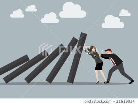 Man and  woman pushing hard against falling domino 21619034
