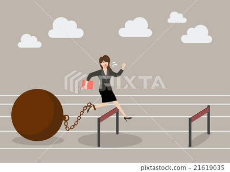 Business woman jumping over hurdle with the weight Business woman jumping over hurdle with the weight 21619035