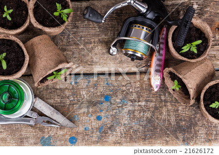 fishing tackles on natural background fishing tackles on natural background 21626172