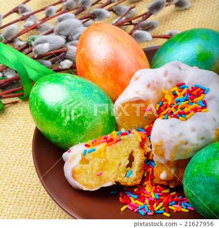 Easter eggs and cake on a plate Easter eggs and cake on a plate 21627956