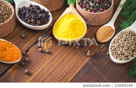 colorful spices in wooden spoons and bowls 21644240