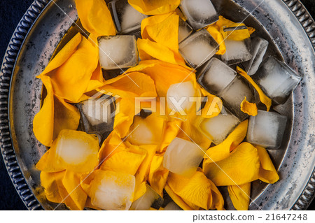 Rose petals with ice cubes in the vintage plate 21647248