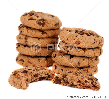 Pile of chocolate chip cookies isolated 21654191