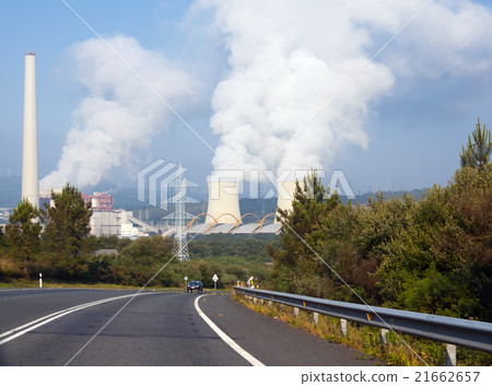 road, chimney and cooling towers 21662657