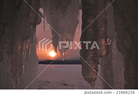 Large icicles on a sunrise background. Large icicles on a sunrise background. 21666216
