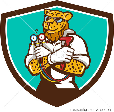 Leopard Heating Specialist Mechanic Shield Cartoon 21668034