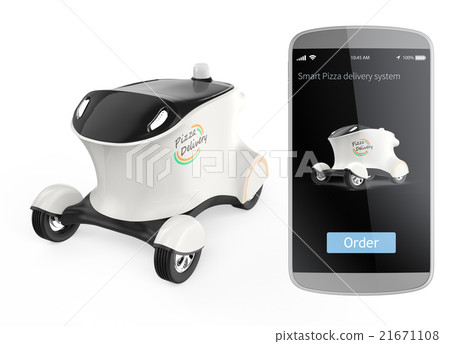 Automatic operation of pizza Delivery vehicle and order screen image for smartphone. 21671108