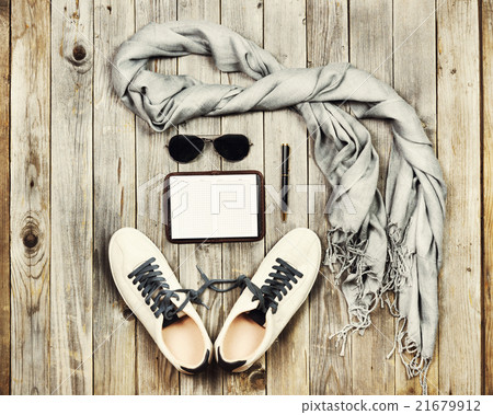 Set of travel items. Top aerial view. 21679912