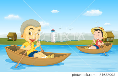 Two boys rowing boat in the lake 21682008