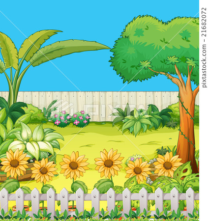 Scene with trees and flowers in backyard Scene with trees and flowers in backyard 21682072