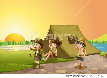 Thee kids camping out in the field - Stock Illustration [21682162] - PIXTA