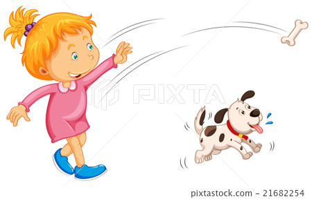 Girl throwing bone and dog catching it 21682254