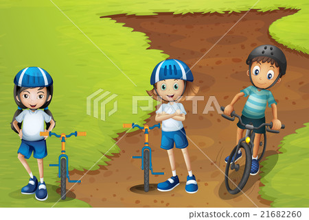 Three kids riding bike with helmet on Three kids riding bike with helmet on 21682260
