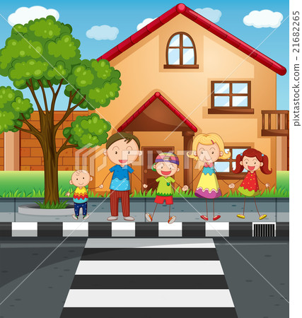 Family holding hands while crossing the road Family holding hands while crossing the road 21682265