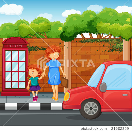 Girl and mother standing on the sidewalk Girl and mother standing on the sidewalk 21682269
