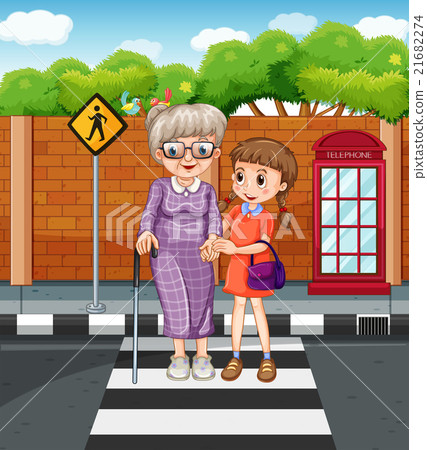 Girl helping grandmother crossing the street 21682274