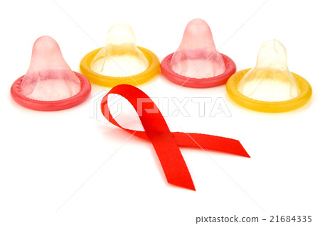 Red Ribbon Sign with Latex Condoms Background. Red Ribbon Sign with Latex Condoms Background. 21684335