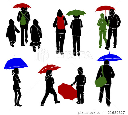 Silhouettes of people with umbrellas Silhouettes of people with umbrellas 21689827