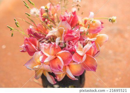 plumeria flower in the vase,soft focus. plumeria flower in the vase,soft focus. 21695521