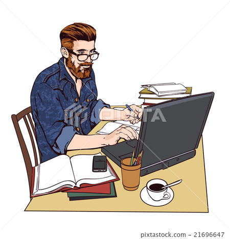 hipster man in a jeans jacket at work. A large 21696647