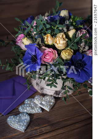 beautiful bouquet flowers and hearts  21697647