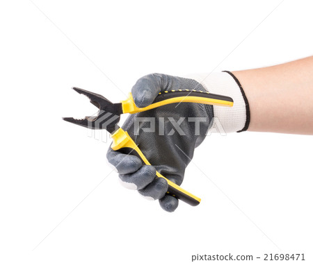 Hand in gloves holding pliers. Hand in gloves holding pliers. 21698471