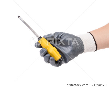Hand in glove holding screwdriver. Hand in glove holding screwdriver. 21698472