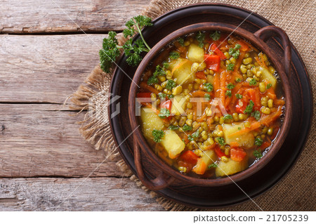 Vegetable soup with mungbeen top view horizontal Vegetable soup with mungbeen top view horizontal 21705239