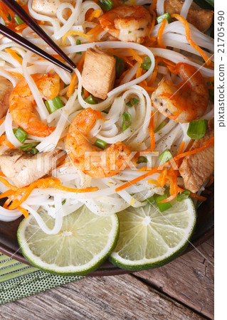 rice noodles with shrimp and chicken, vegetables rice noodles with shrimp and chicken, vegetables 21705490
