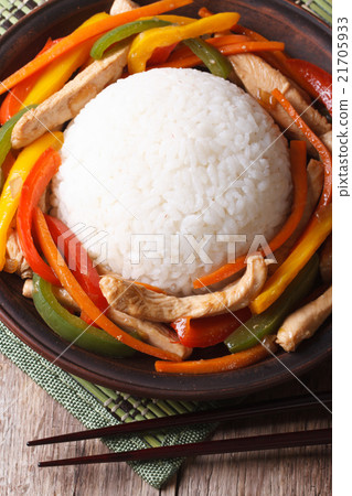 rice with chicken and vegetables top view 21705933