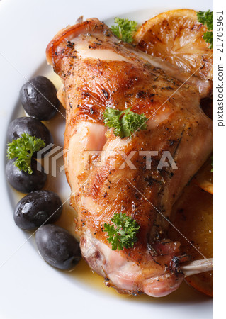 roasted rabbit leg with oranges macro top view roasted rabbit leg with oranges macro top view 21705961