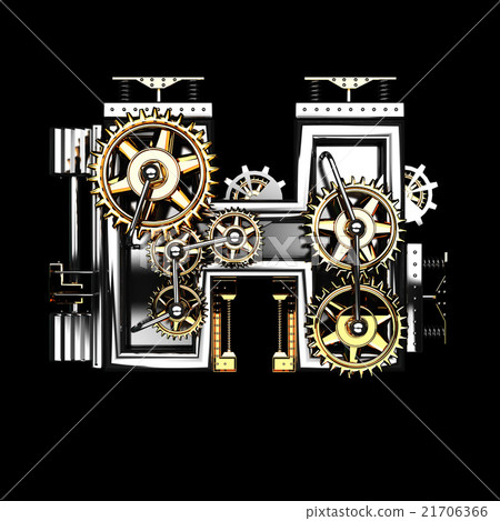 h isolated metal letter with gears on black 21706366