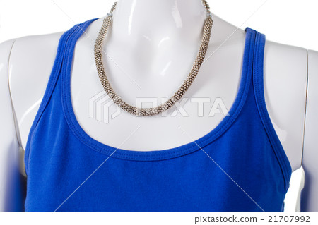 Blue u-neck top with necklace. 21707992