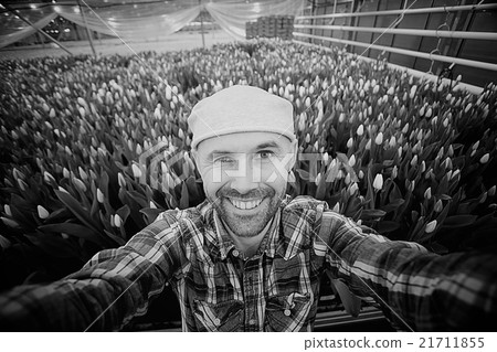 selfie man happy spring tulips field bouquet selfie man happy spring tulips field bouquet 21711855