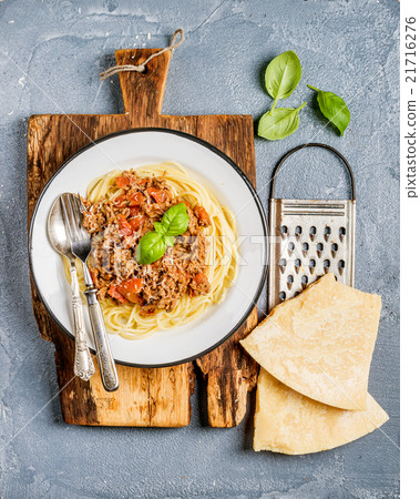Pasta dinner. Spaghetti Bolognese in metal plate 21716276