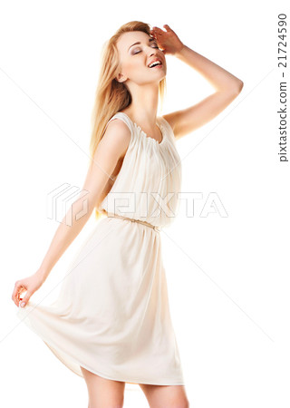 Laughing blond woman with long hair on white 21724590