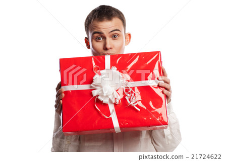 smiling man holding gift isolated on white 21724622