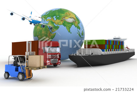 Cargo ship, truck, plane and loader with boxes. 21733224