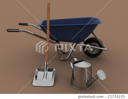 Garden wheelbarrow, watering can and a shovel. 21733235