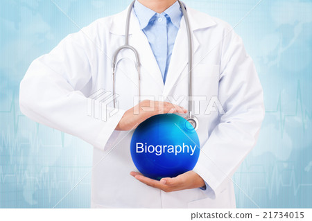 Doctor holding blue crystal ball with biography 21734015