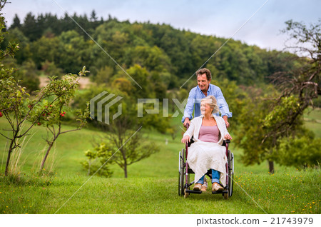 Senior man pushing woman in wheelchair, green 21743979