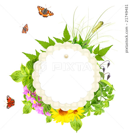Summer green leaves, flowers and retro label 21749481