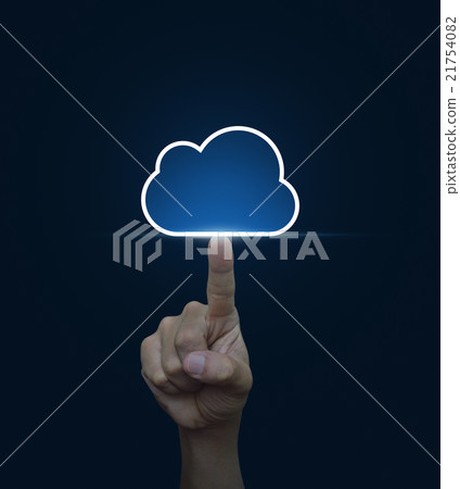 Hand click on cloud icon with copy space on blue 21754082