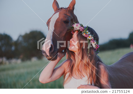 portrait beautiful woman long hair next horse 21755124