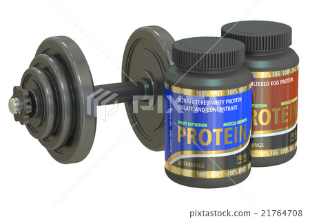 dumbbell and jars of protein, 3D rendering 21764708