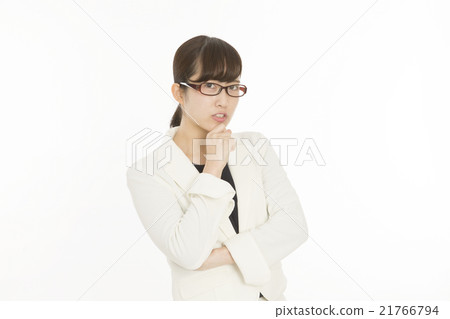 Business woman eyeglass troubles troubles question posing hand in chin pose white back Business woman eyeglass troubles troubles question posing hand in chin pose white back 21766794