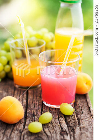 Orange Peach Grape Fruits Juice Wooden Board Party Orange Peach Grape Fruits Juice Wooden Board Party 21768258