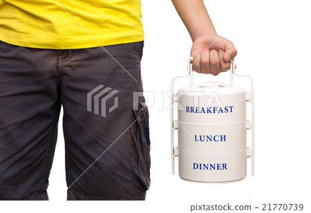 School boy standing and hold food carrier isolated 21770739